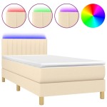 vidaXL Pat cu arcuri, saltea și LED, crem, 90x190 cm, textil