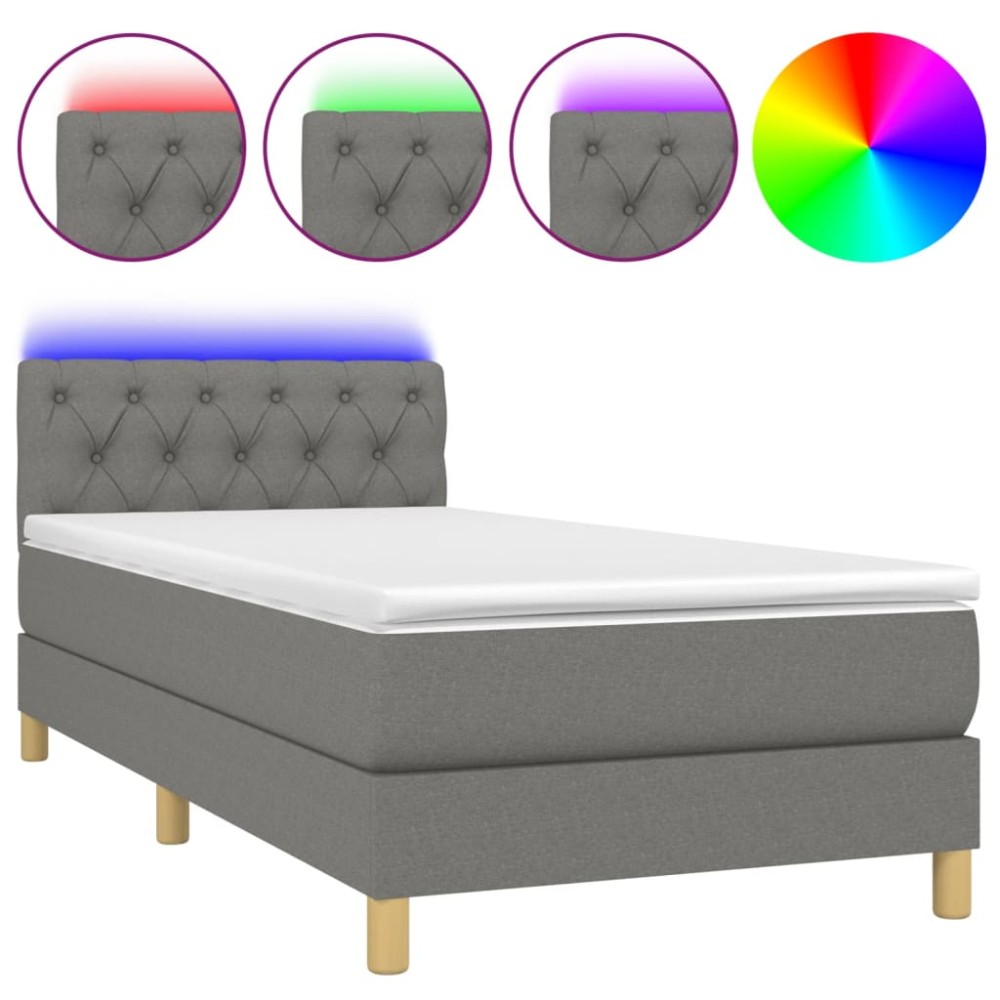 vidaXL Pat cu arcuri, saltea și LED, gri închis, 80x200 cm, textil