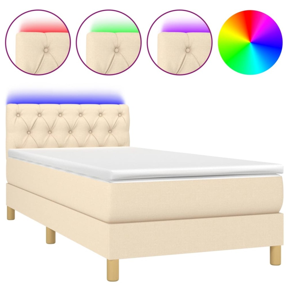 vidaXL Pat cu arcuri, saltea și LED, crem, 80x200 cm, textil