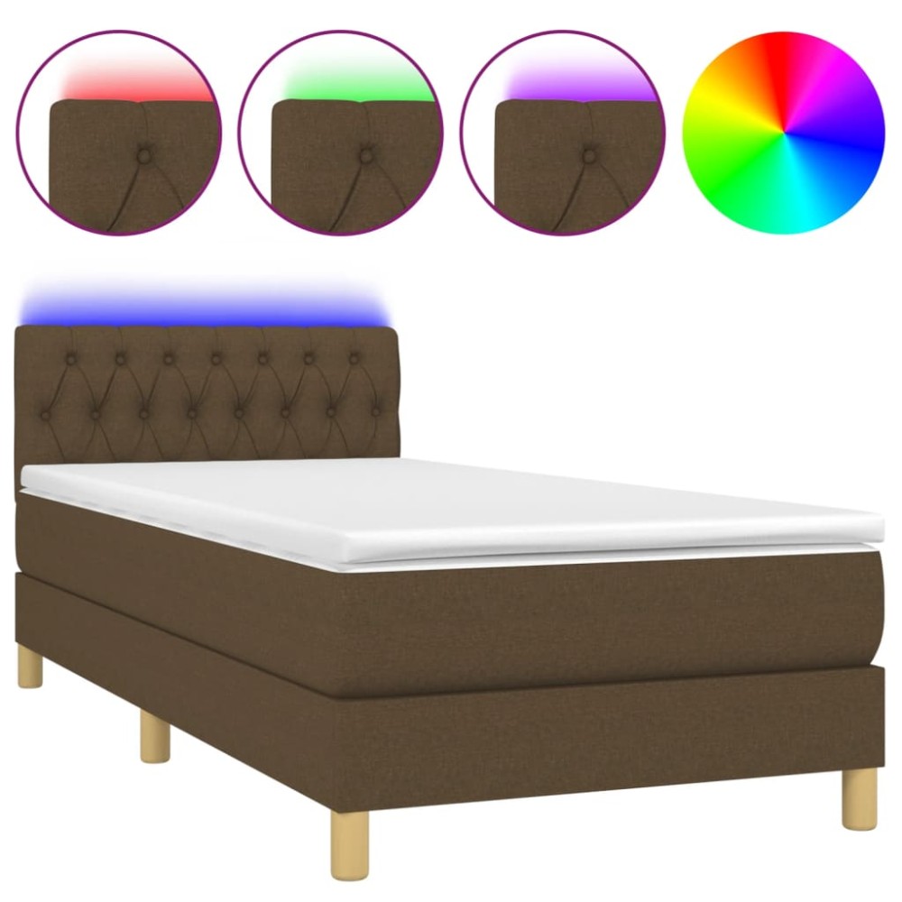 vidaXL Pat cu arcuri, saltea și LED, maro închis, 90x190 cm, textil