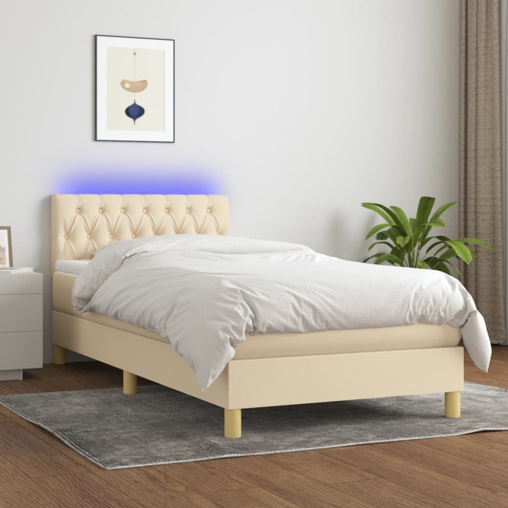 vidaXL Pat cu arcuri, saltea și LED, crem, 90x190 cm, textil