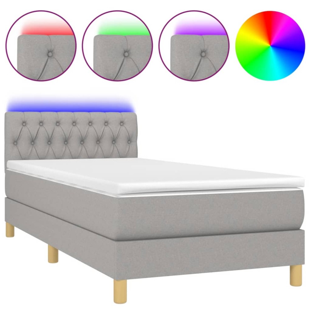 vidaXL Pat cu arcuri, saltea și LED, gri deschis, 90x200 cm, textil