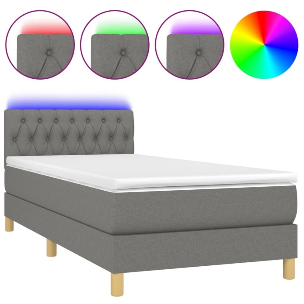vidaXL Pat cu arcuri, saltea și LED, gri închis, 90x200 cm, textil