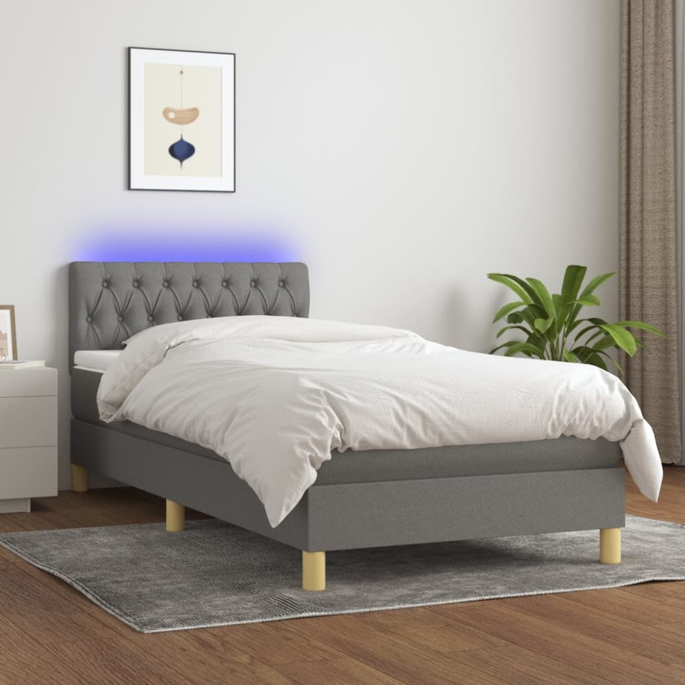 vidaXL Pat cu arcuri, saltea și LED, gri închis, 90x200 cm, textil