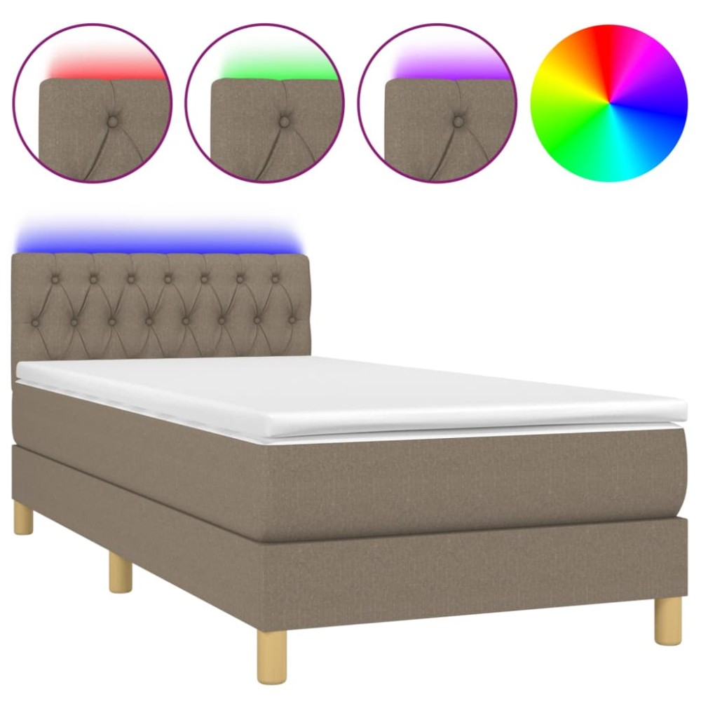 vidaXL Pat cu arcuri, saltea și LED, gri taupe, 90x200 cm, textil