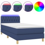 vidaXL Pat cu arcuri, saltea și LED, albastru, 90x200 cm, textil