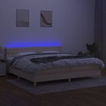 vidaXL Pat cu arcuri, saltea și LED, crem, 200x200 cm, textil