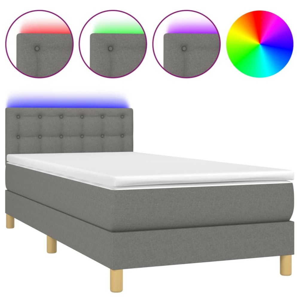 vidaXL Pat cu arcuri, saltea și LED, gri închis, 90x190 cm, textil