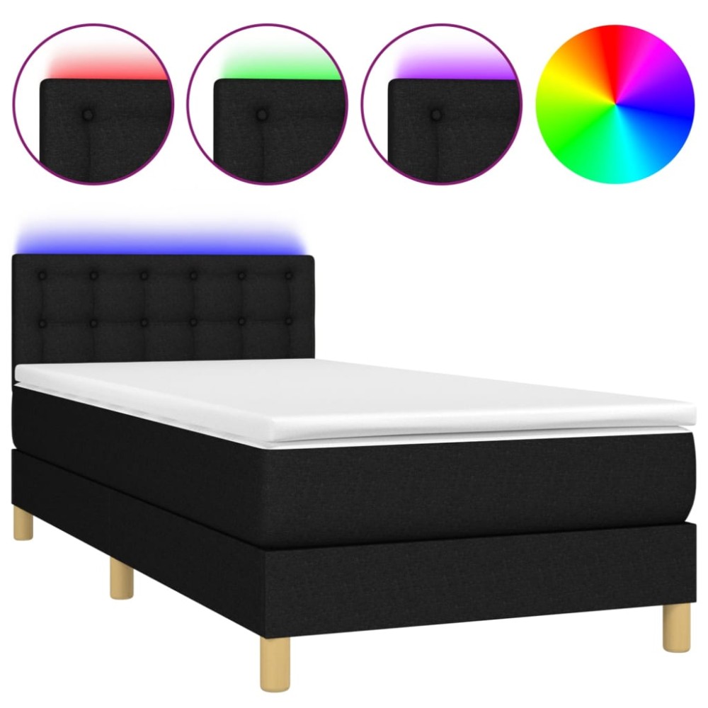vidaXL Pat cu arcuri, saltea și LED, negru, 90x200 cm, textil