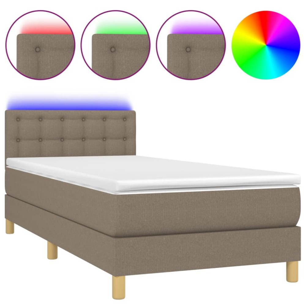 vidaXL Pat cu arcuri, saltea și LED, gri taupe, 90x200 cm, textil