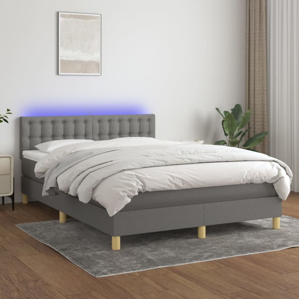 vidaXL Pat cu arcuri, saltea și LED, gri închis, 140x200 cm, textil