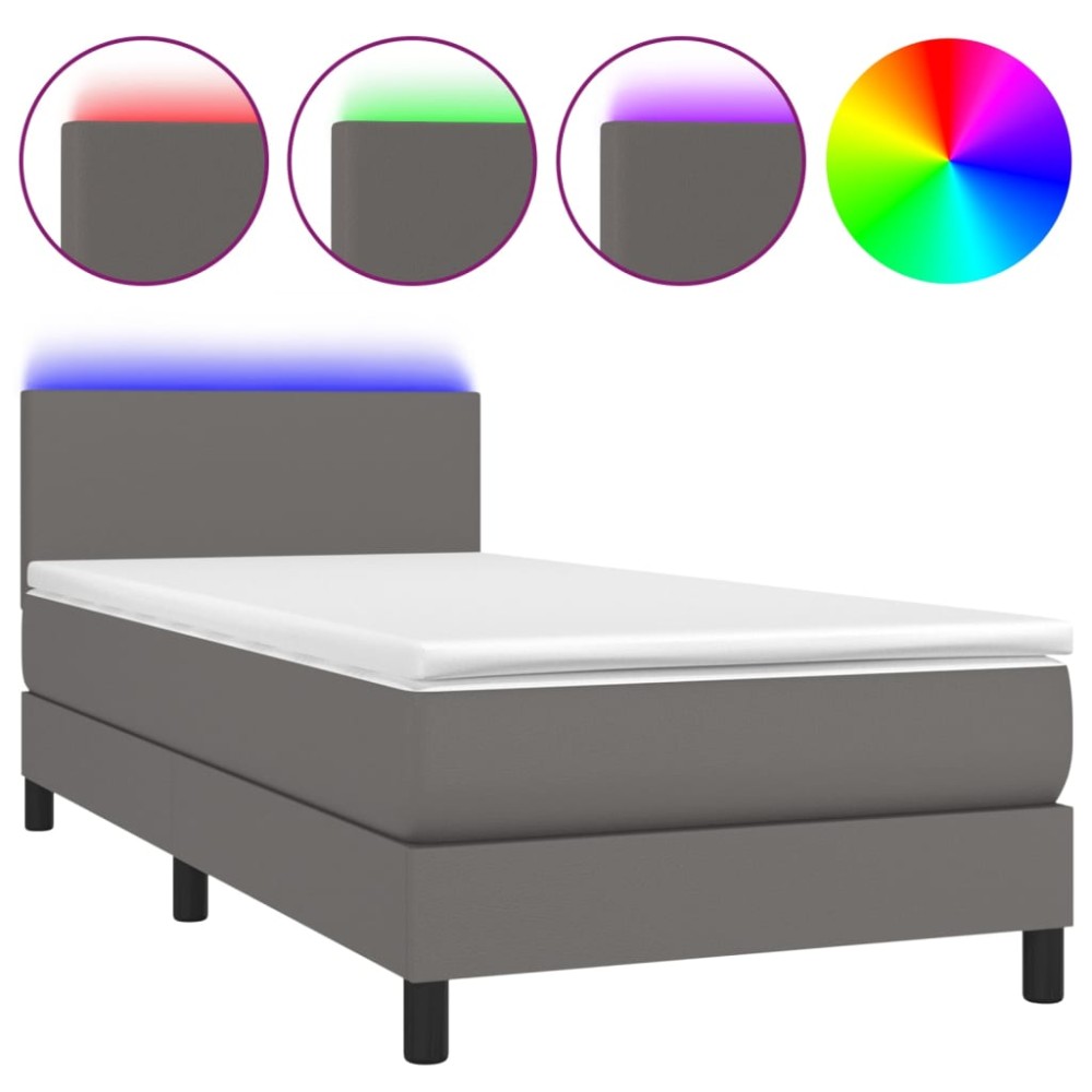 vidaXL Pat cu arcuri, saltea și LED, gri, 90x200 cm, piele ecologică