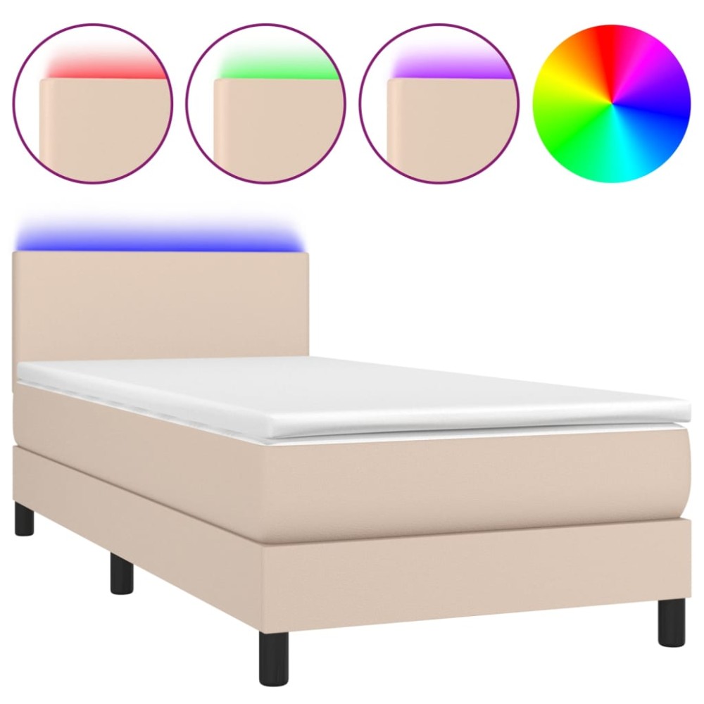 vidaXL Pat cu arcuri, cu saltea și LED, cappuccino 90x200 cm piele eco