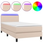 vidaXL Pat cu arcuri, cu saltea și LED, cappuccino 90x200 cm piele eco