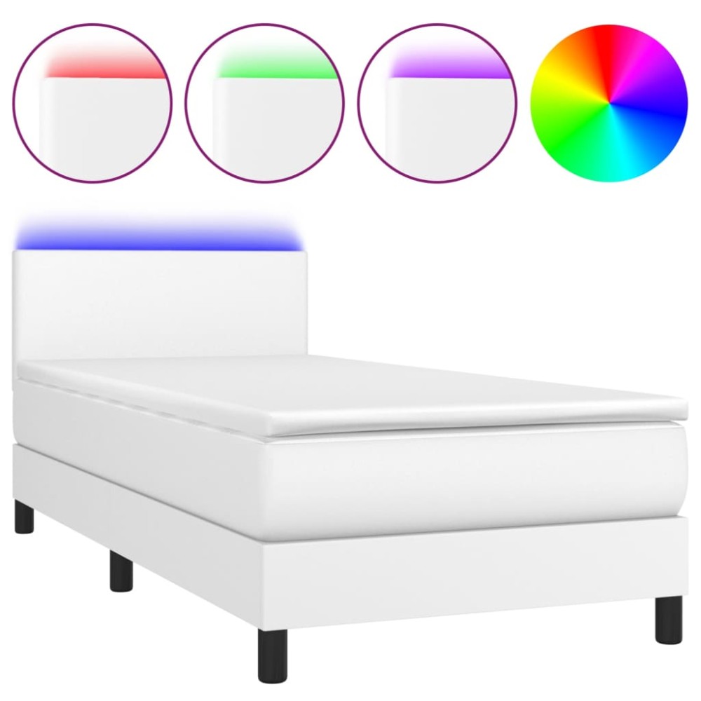 vidaXL Pat cu arcuri, saltea și LED, alb, 100x200 cm, piele ecologică