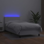 vidaXL Pat cu arcuri, saltea și LED, alb, 100x200 cm, piele ecologică