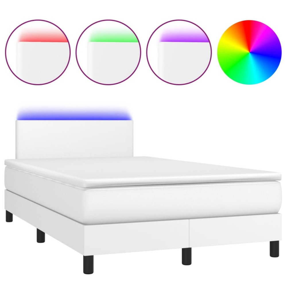 vidaXL Pat cu arcuri, saltea și LED, alb, 120x200 cm, piele ecologică