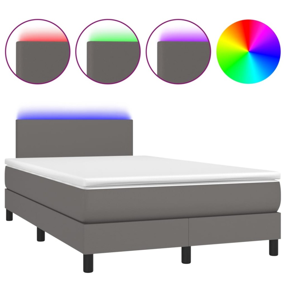 vidaXL Pat cu arcuri, saltea și LED, gri, 120x200 cm, piele ecologică