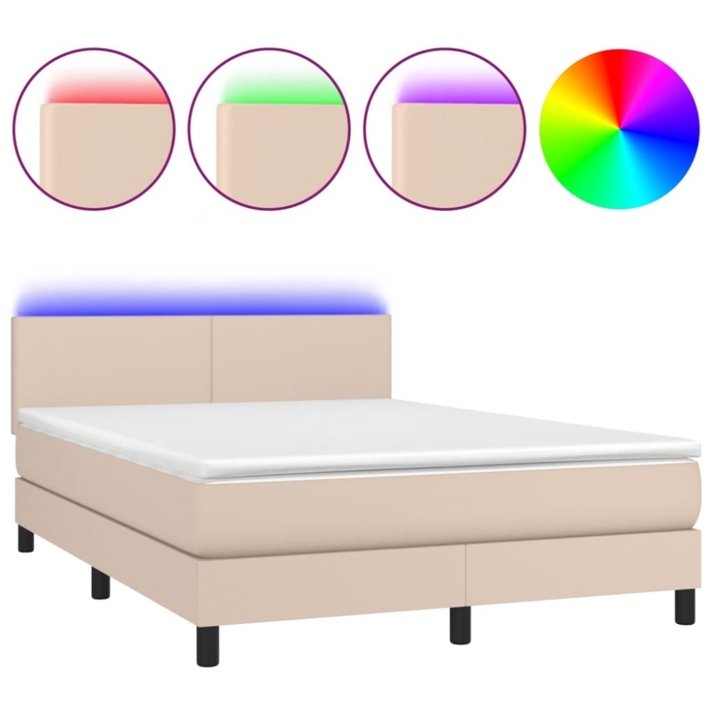 vidaXL Pat cu arcuri, cu saltea și LED cappuccino 140x190 cm piele eco