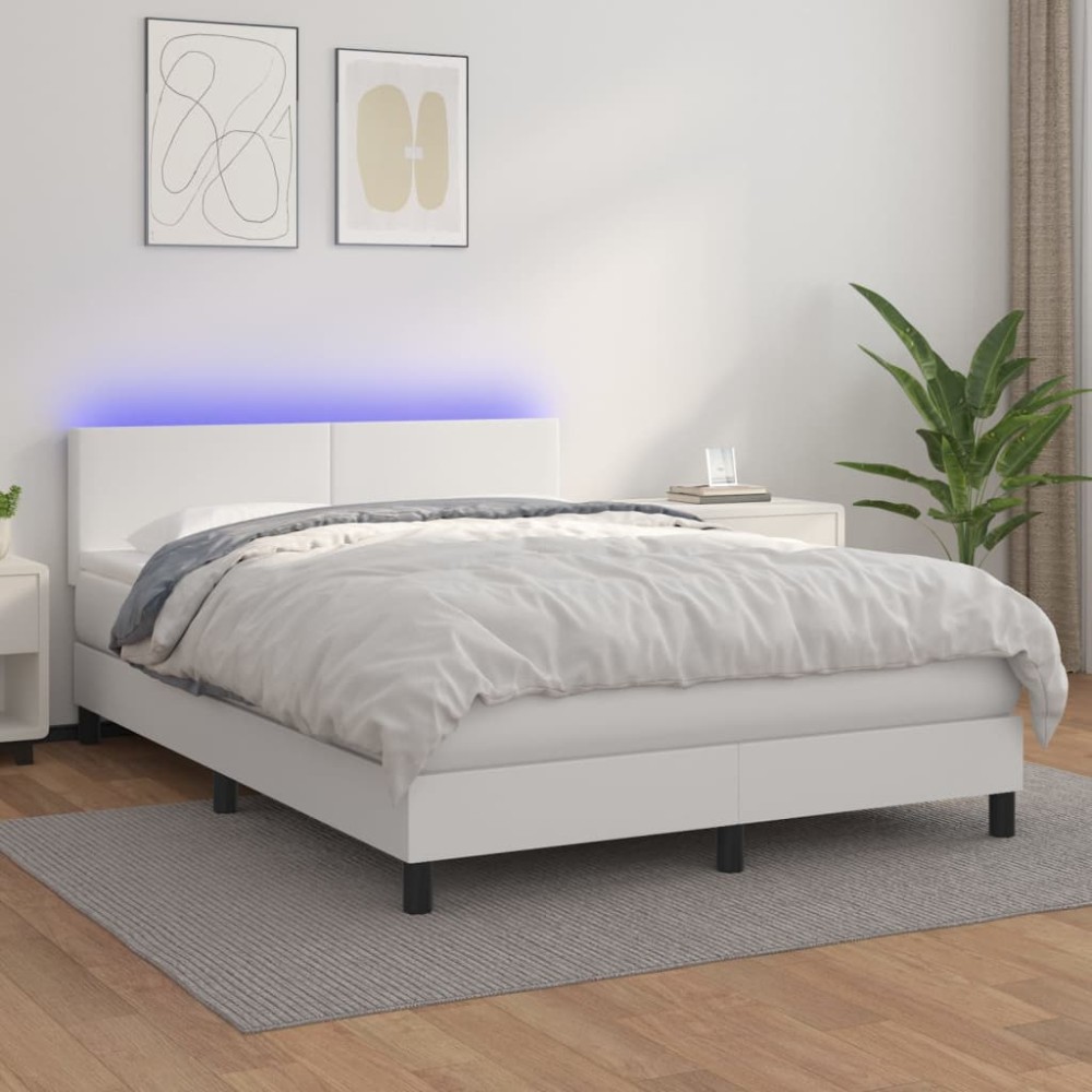 vidaXL Pat cu arcuri, saltea și LED, alb, 140x200 cm, piele eco