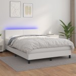 vidaXL Pat cu arcuri, saltea și LED, alb, 140x200 cm, piele eco
