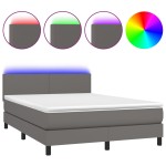 vidaXL Pat cu arcuri, saltea și LED, gri, 140x200 cm, piele eco