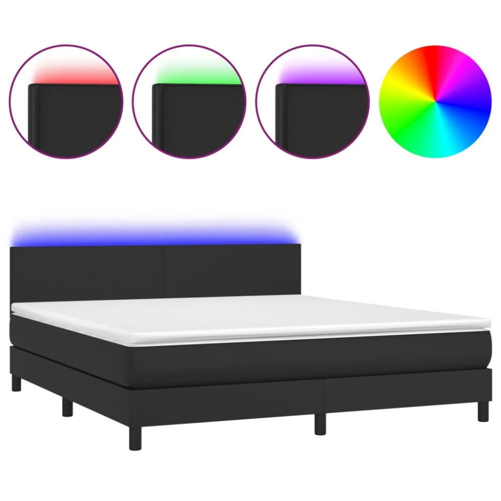 vidaXL Pat cu arcuri, saltea și LED, negru, 160x200cm, piele ecologică