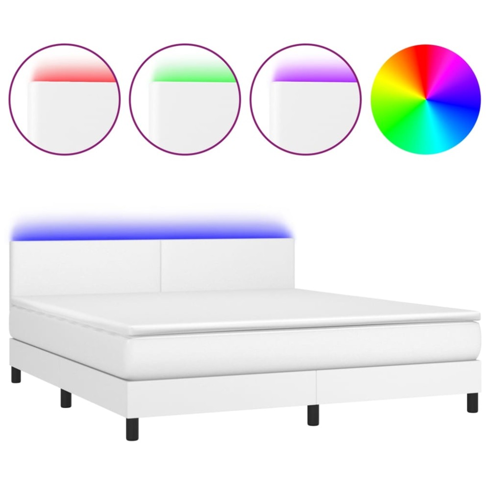 vidaXL Pat cu arcuri, saltea și LED, alb, 160x200 cm, piele ecologică