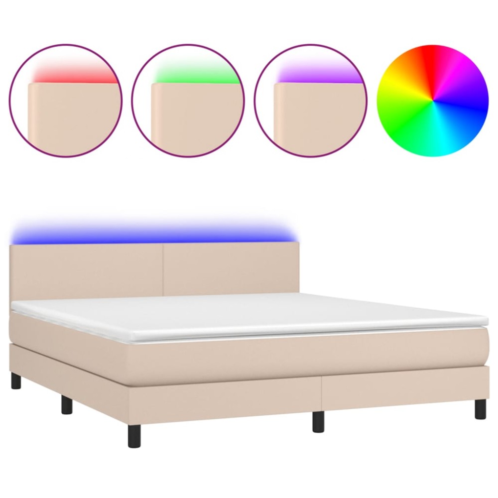 vidaXL Pat cu arcuri, cu saltea și LED, cappuccino 160x200cm piele eco