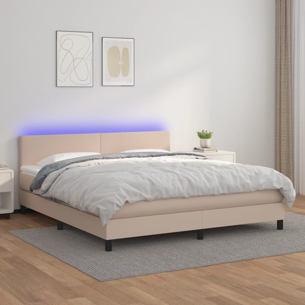 vidaXL Pat cu arcuri, cu saltea și LED, cappuccino 160x200cm piele eco