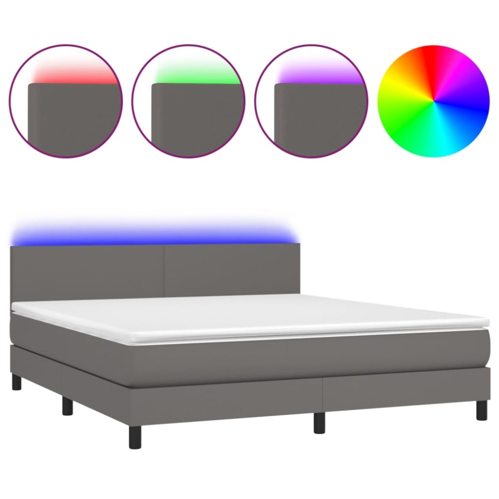 vidaXL Pat cu arcuri, saltea și LED, gri, 180x200 cm, piele ecologică