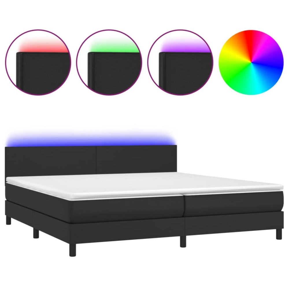 vidaXL Pat cu arcuri, saltea și LED, negru, 200x200cm, piele ecologică