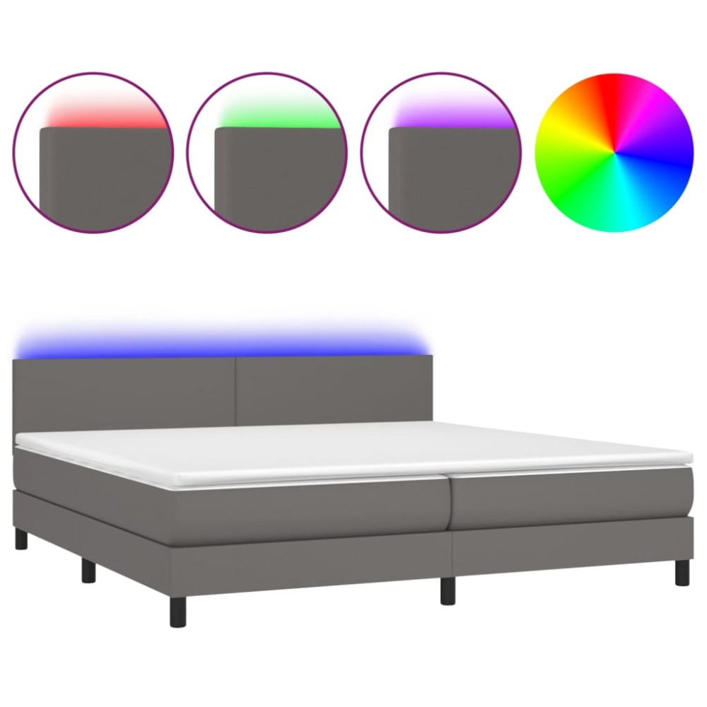 vidaXL Pat cu arcuri, saltea și LED, gri, 200x200 cm, piele ecologică