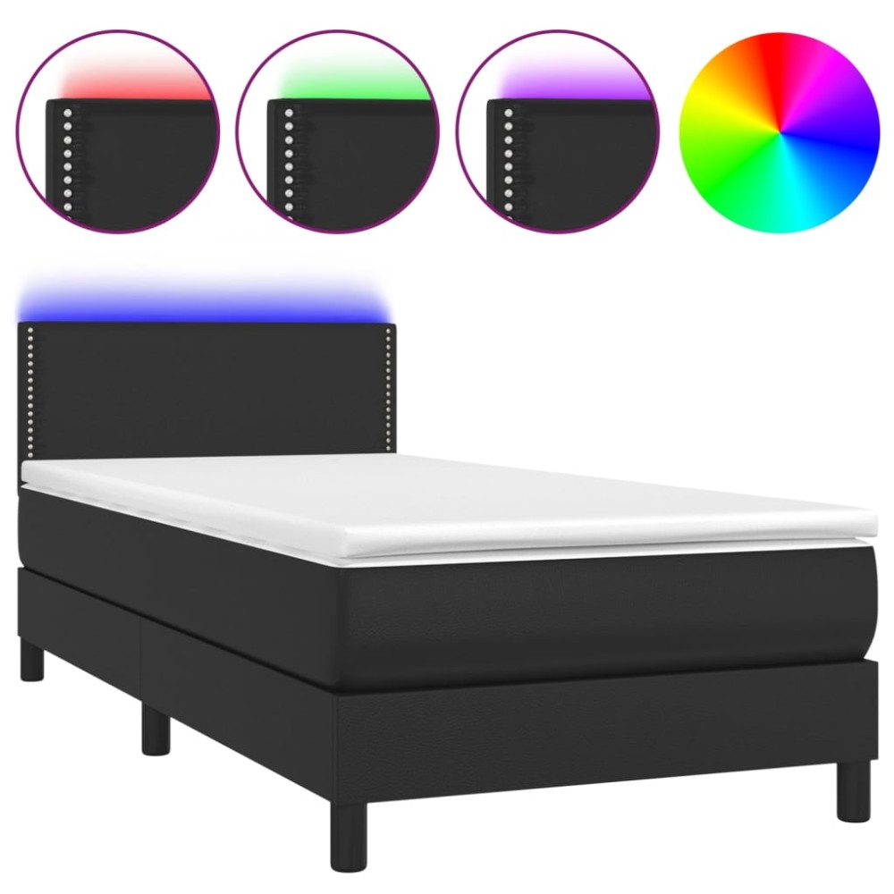 vidaXL Pat cu arcuri, saltea și LED, negru, 90x200 cm, piele ecologică