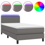 vidaXL Pat cu arcuri, saltea și LED, gri, 90x200 cm, piele ecologică