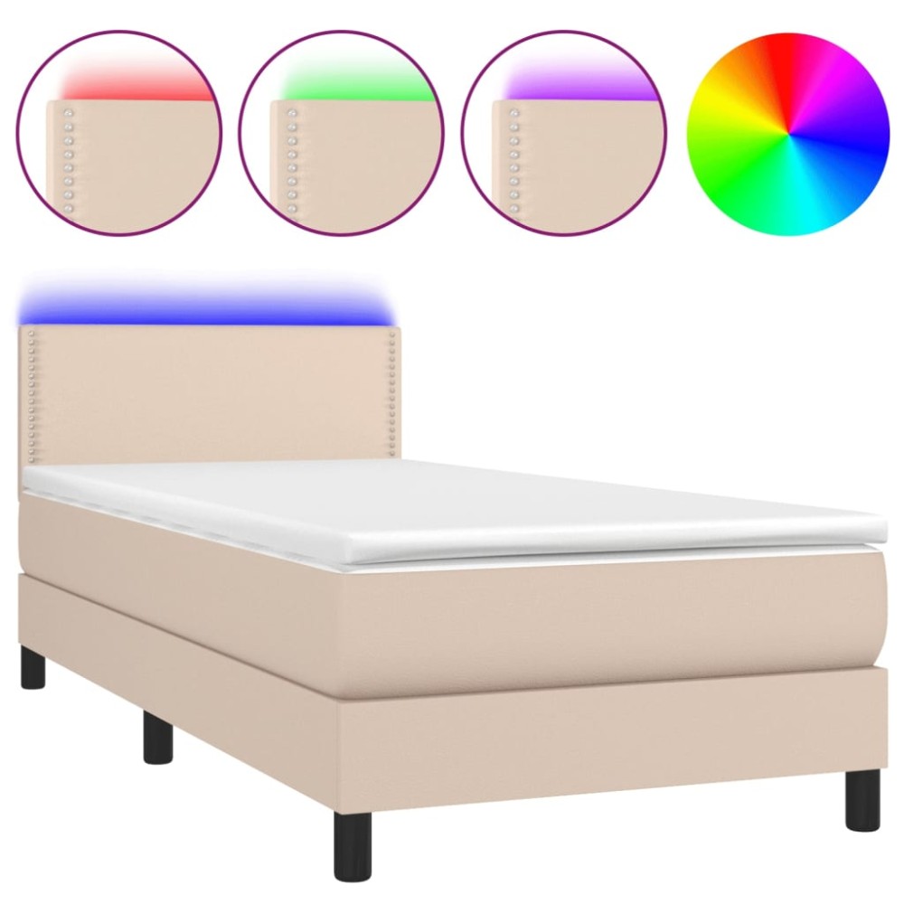 vidaXL Pat cu arcuri, cu saltea și LED, cappuccino 90x200 cm piele eco