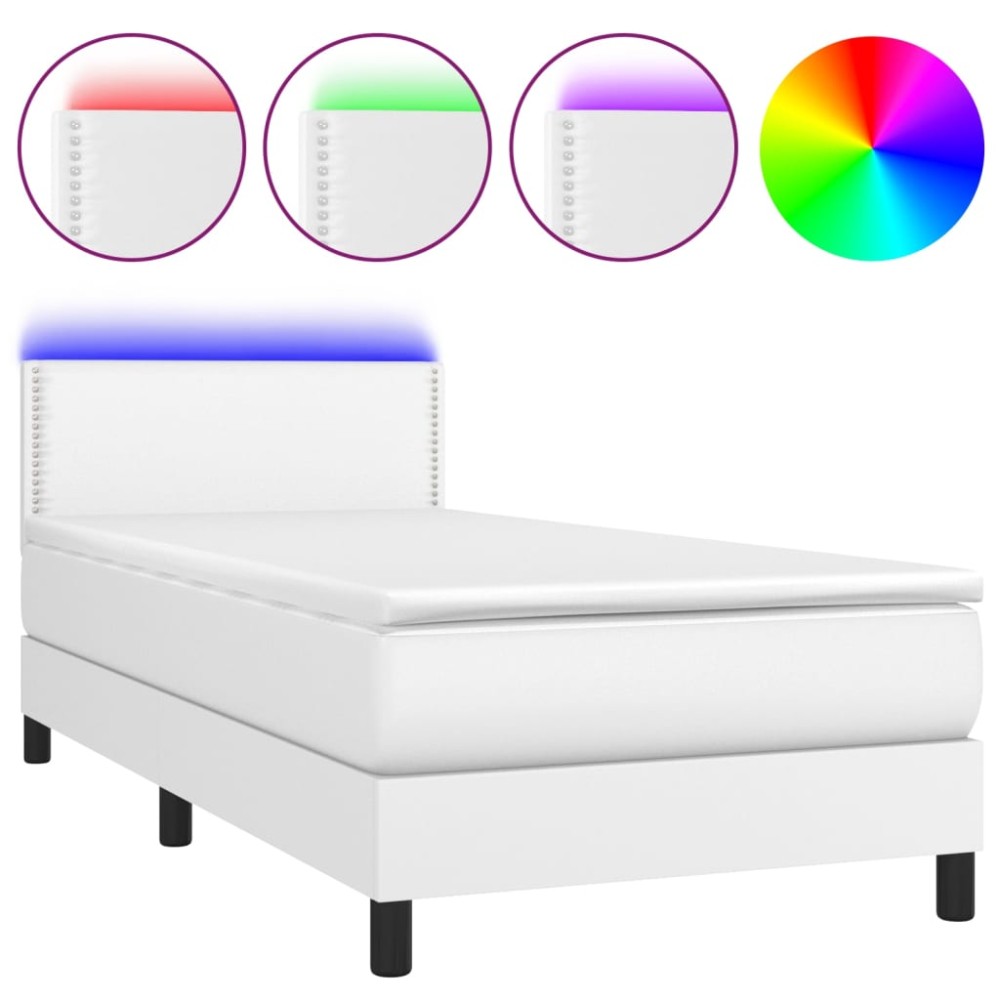vidaXL Pat cu arcuri, saltea și LED, alb, 100x200 cm, piele ecologică