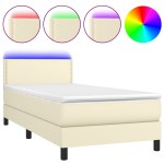 vidaXL Pat cu arcuri, saltea și LED, crem, 100x200 cm, piele ecologică