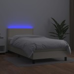 vidaXL Pat cu arcuri, saltea și LED, crem, 100x200 cm, piele ecologică