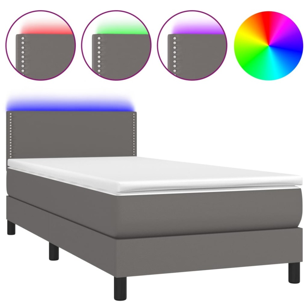 vidaXL Pat cu arcuri, saltea și LED, gri, 100x200 cm, piele ecologică