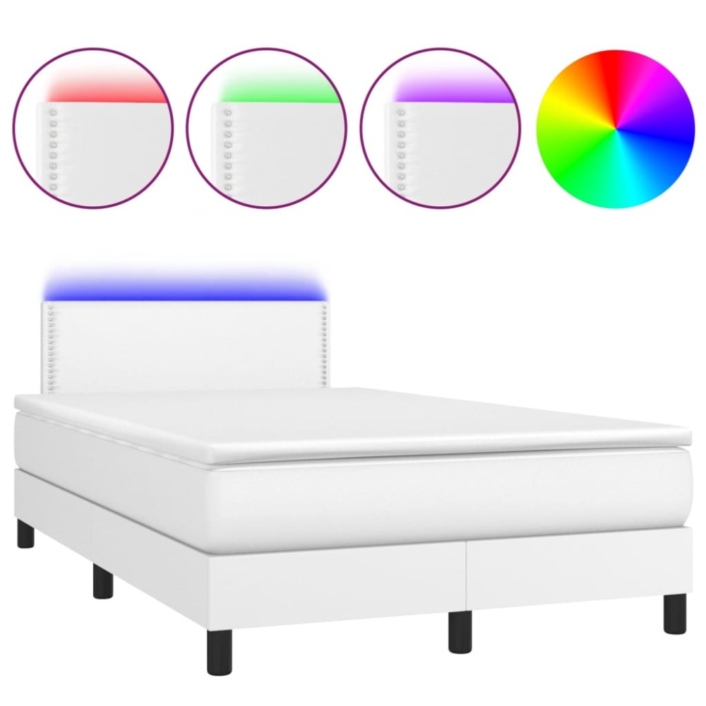 vidaXL Pat cu arcuri, saltea și LED, alb, 120x200 cm, piele ecologică