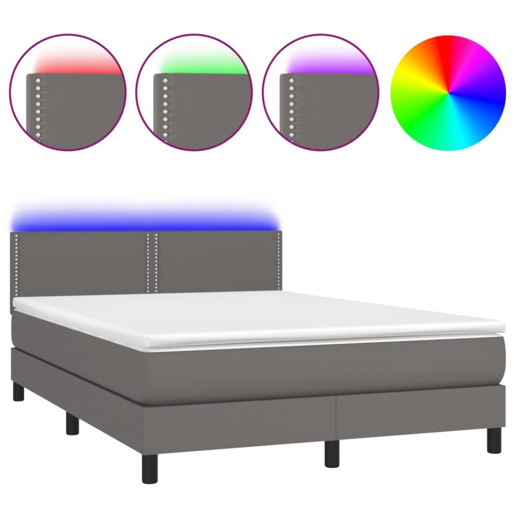 vidaXL Pat cu arcuri, saltea și LED, gri, 140x200 cm, piele eco