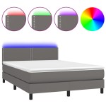 vidaXL Pat cu arcuri, saltea și LED, gri, 140x200 cm, piele eco