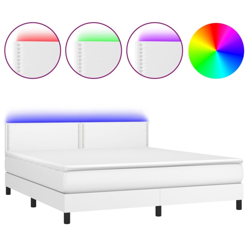 vidaXL Pat cu arcuri, saltea și LED, alb, 160x200 cm, piele ecologică