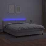 vidaXL Pat cu arcuri, saltea și LED, alb, 160x200 cm, piele ecologică