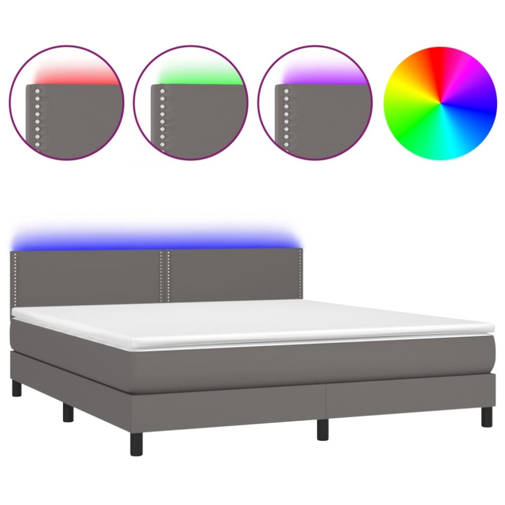 vidaXL Pat cu arcuri, saltea și LED, gri, 180x200 cm, piele ecologică