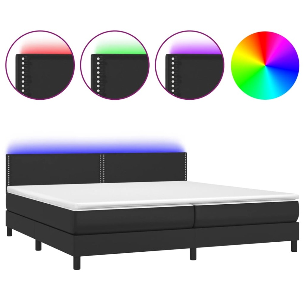 vidaXL Pat cu arcuri, saltea și LED, negru, 200x200cm, piele ecologică