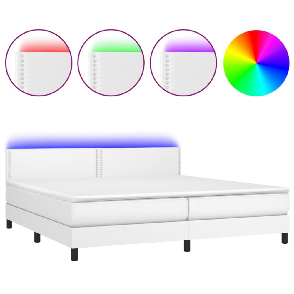 vidaXL Pat cu arcuri, saltea și LED, alb, 200x200 cm, piele ecologică