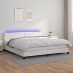 vidaXL Pat cu arcuri, saltea și LED, alb, 200x200 cm, piele ecologică vidaXL Pat cu arcuri, saltea și LED, alb, 200x200 cm, piele ecologică