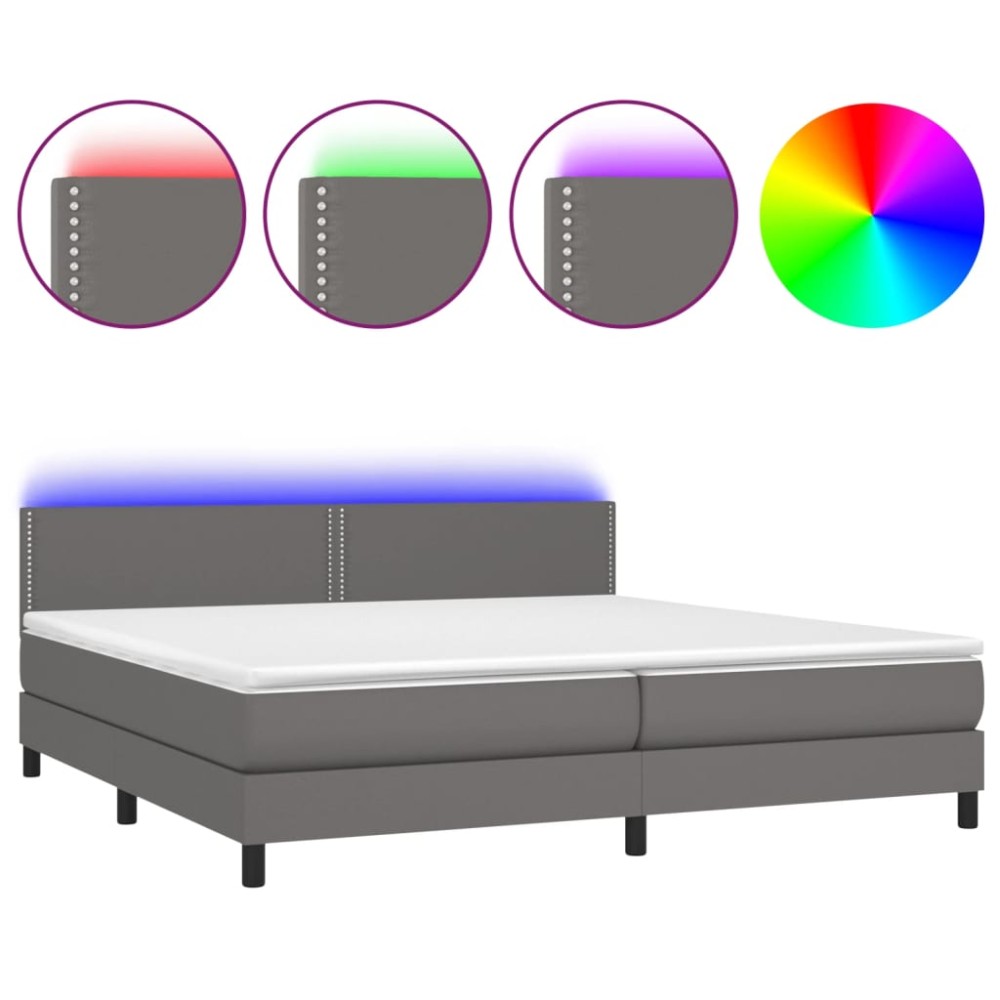 vidaXL Pat cu arcuri, saltea și LED, gri, 200x200 cm, piele ecologică